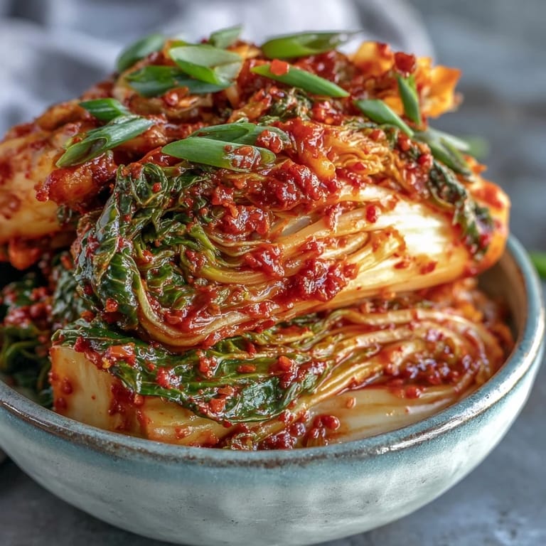 A bowl of colorful kimchi is served as a tangy side dish, garnished with scallions alongside a bowl of steamed rice.