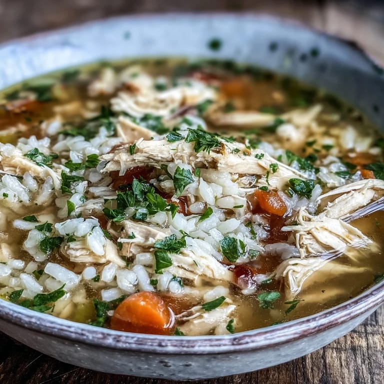 A ladle pours the savory Cozy Winter Chicken and Rice Soup into a ceramic bowl, ready for a cozy, chilly night dinner.