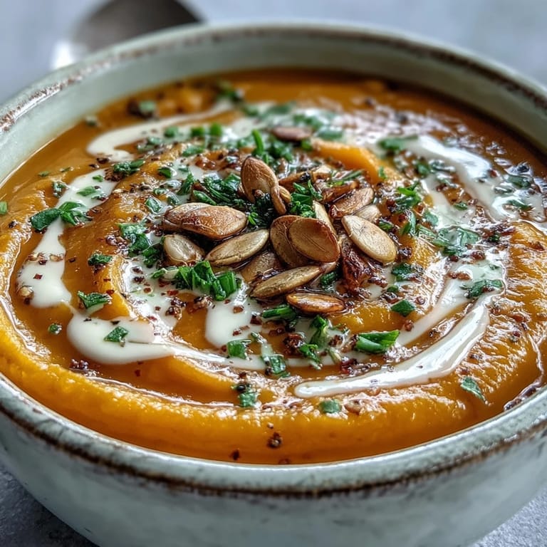 Acorn squash soup steams gently in a rustic bowl, topped with fresh chives and a swirl of heavy cream.