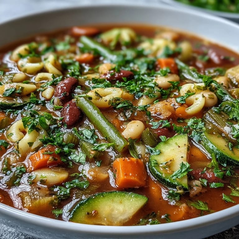 A steaming bowl of vegetable minestrone garnished with fresh parsley and Parmesan, served alongside crusty artisan bread for dipping.