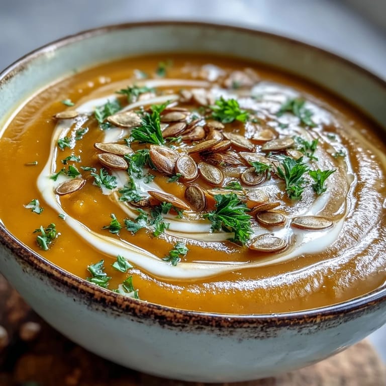 A steaming bowl of velvety pumpkin soup, infused with warming spices like cinnamon and cumin, served alongside crusty artisan bread.  