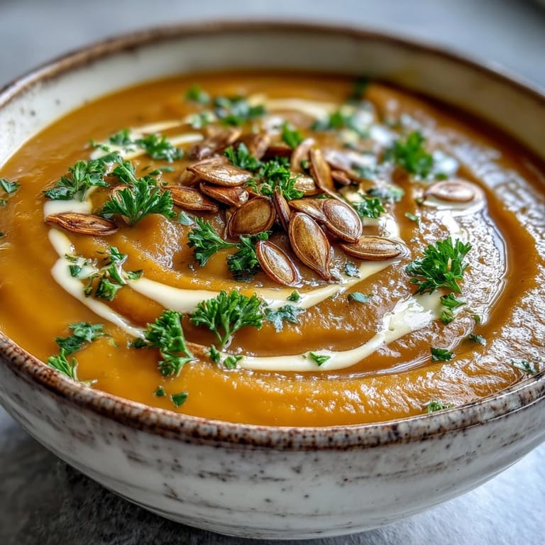 Golden pumpkin soup pureed to smooth perfection, drizzled with rich cream and fresh herbs for a comforting, vegetarian fall meal.