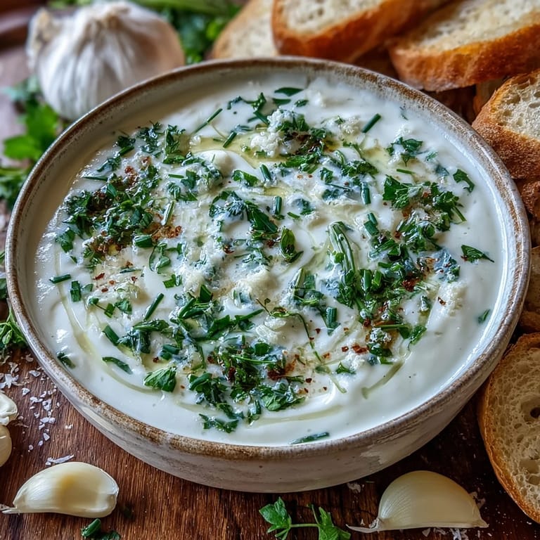 Steaming Garlic and Herb Soup with melted Parmesan and chopped herbs for a comforting, vegetarian meal.  
