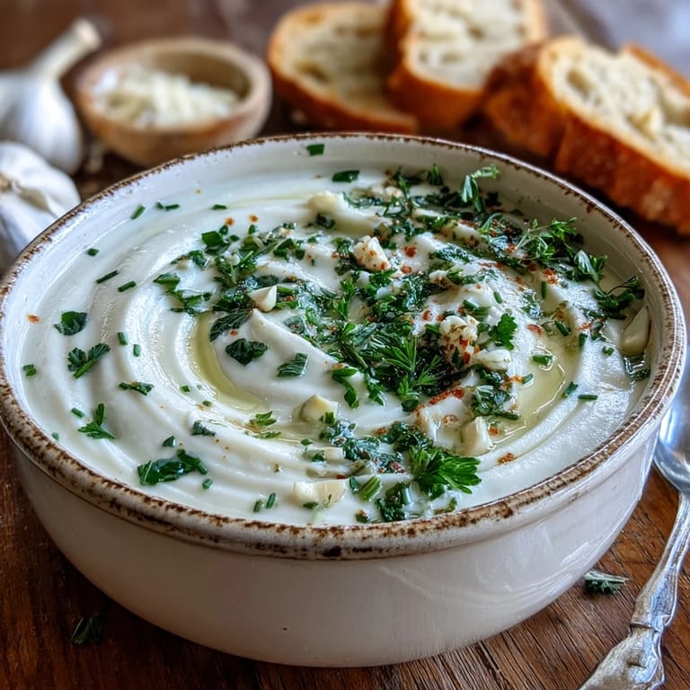 Smooth Garlic and Herb Soup blended with potatoes, perfect with crusty bread on a cool day.