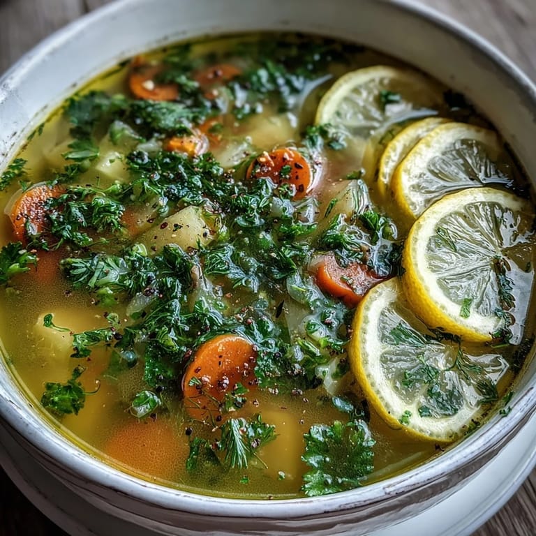 Spoon lifting a serving of vibrant Lemon Herb Soup with rice, garnished with dill and chives.