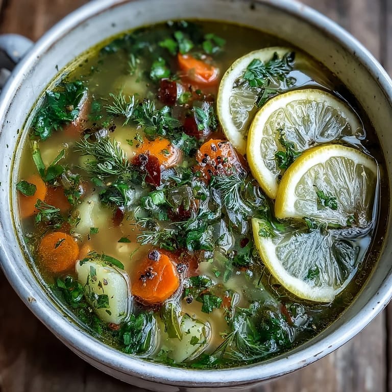 A rustic pot of Lemon Herb Soup steams beside fresh herbs and lemon wedges on a wooden table.