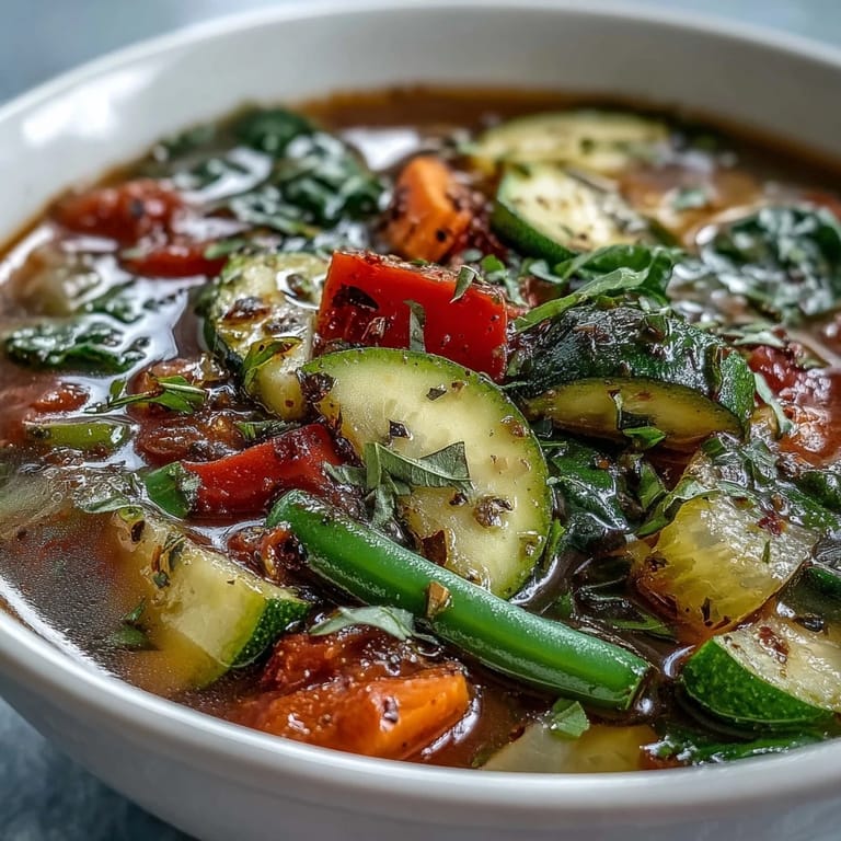 A close-up of Italian Herb Vegetable Soup, featuring tender potatoes and spinach leaves floating in an aromatic, herb-infused vegetable broth.  