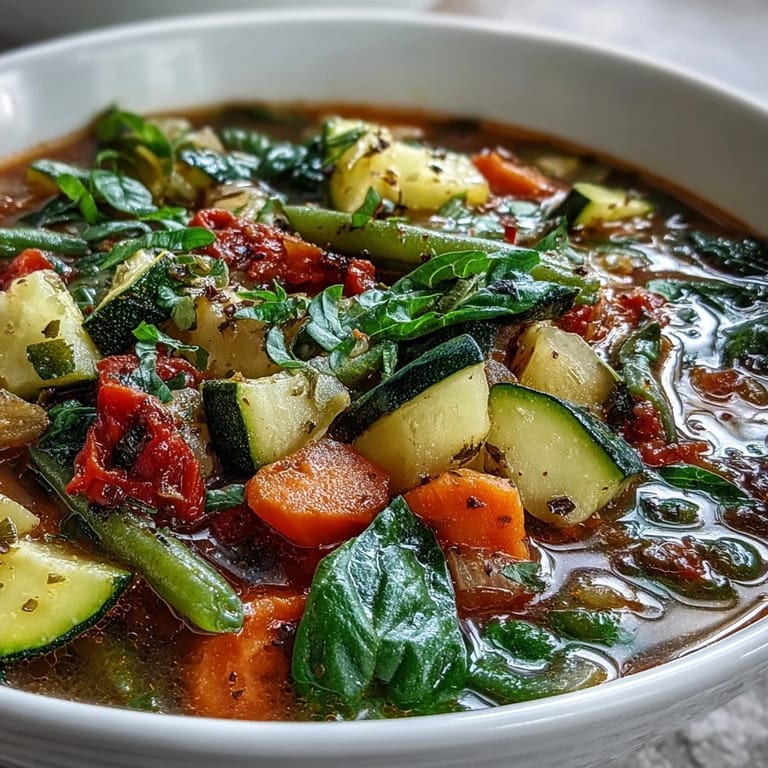 Vibrant bowl of Italian Herb Vegetable Soup garnished with fresh parsley, served alongside crusty bread for a comforting Mediterranean-inspired meal.