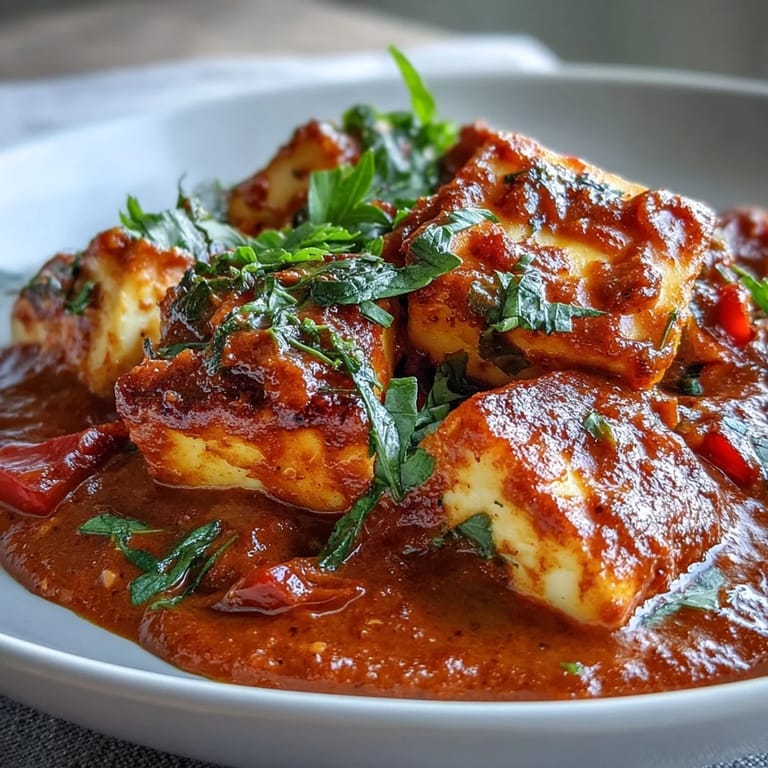 Hearty halloumi and tomato curry with red bell pepper served alongside fluffy basmati rice and warm naan bread.