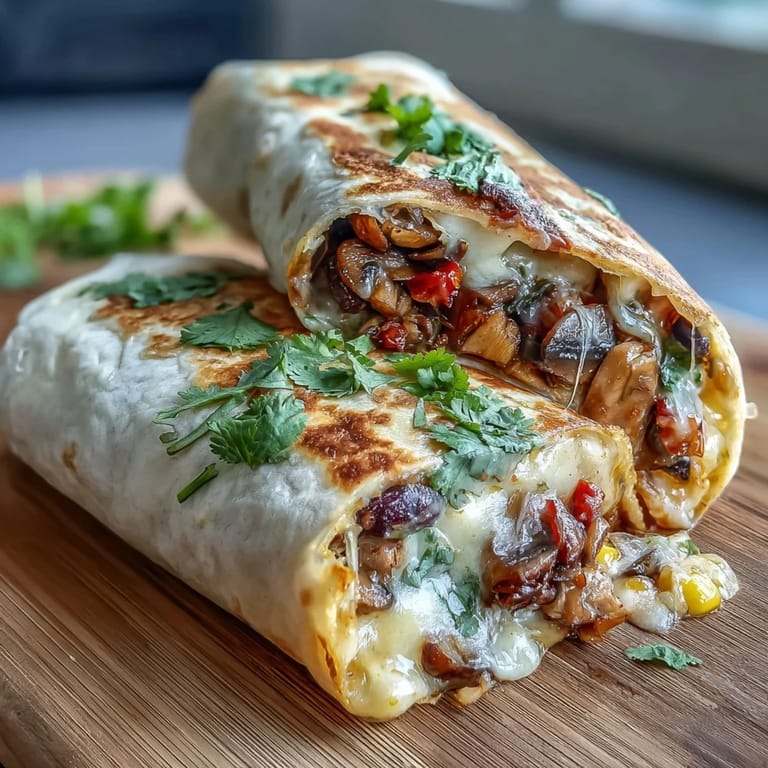 Freshly rolled Veggie Burritos topped with creamy avocado slices and sour cream for a satisfying meal.