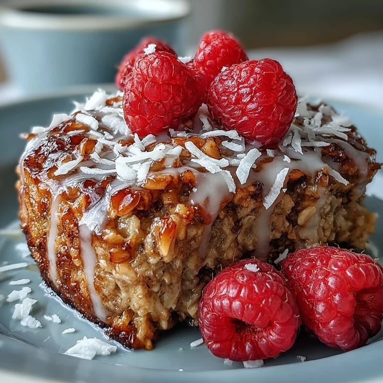 A cozy serving of baked oatmeal with raspberry and coconut is topped with extra berries and a maple syrup drizzle.