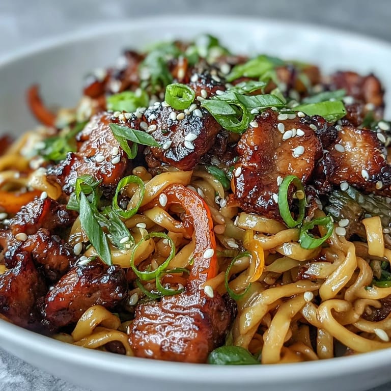 Steaming Pork Noodle Stir-Fry twirls with sugar snap peas and carrots, garnished with green onions and sesame seeds.