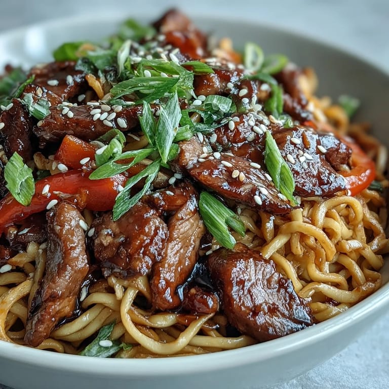 Sizzling Pork Noodle Stir-Fry is plated in a warm bowl, ready for a busy weeknight dinner with optional chili.