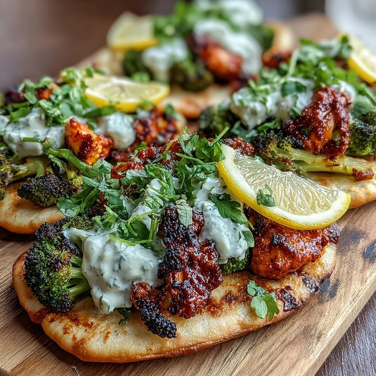 Harissa broccoli piled high on soft flatbreads, topped with creamy Greek yogurt dollops and fresh cilantro leaves.