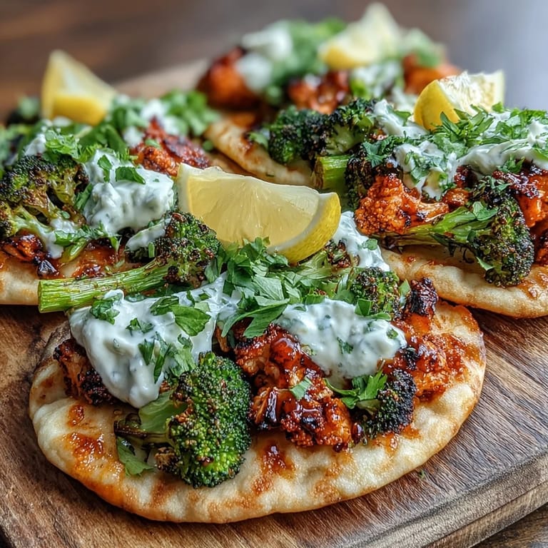 Close-up of spicy harissa roasted broccoli with crispy edges on flatbreads, served with lemon wedges for brightness.
