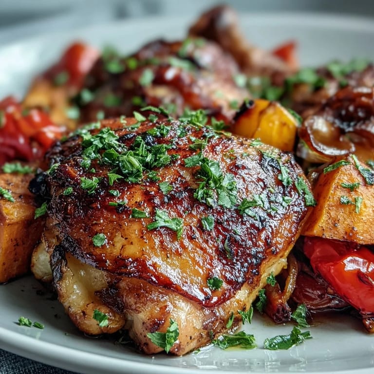 Golden, crispy-skinned piri-piri chicken nestled among colorful roasted vegetables in a vibrant Chicken and Sweet Potato Traybake.