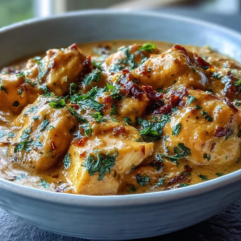 Steam gently rises from a bowl of Easy Chicken Curry, revealing tender chicken pieces in a rich, golden sauce.