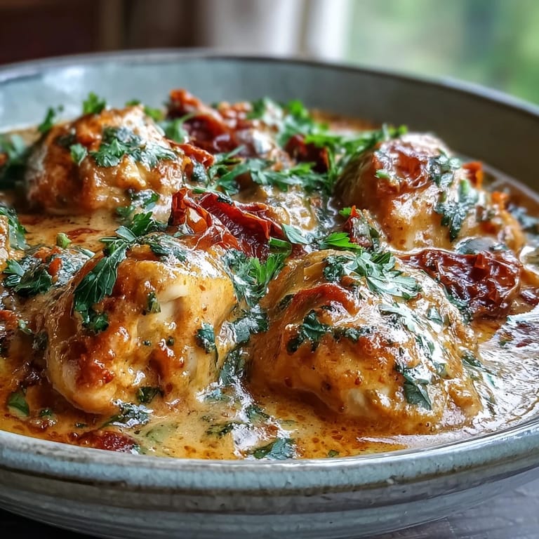 Close-up of creamy Easy Chicken Curry in a skillet, garnished with cilantro, ready to serve with warm naan bread.