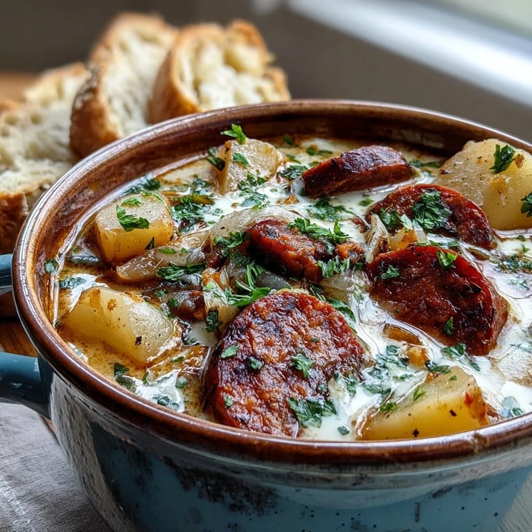 Smoky Potato, Leek and Chorizo Soup simmering in a pot, featuring vibrant leeks, tender potatoes, and rich red chorizo oil swirls.