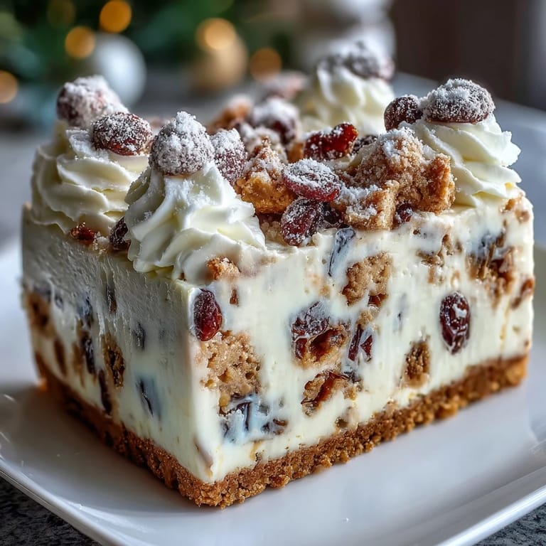 Creamy Christmas Cheesecake Slab with spiced cinnamon and ginger, sliced into generous squares and garnished with snowy icing sugar.