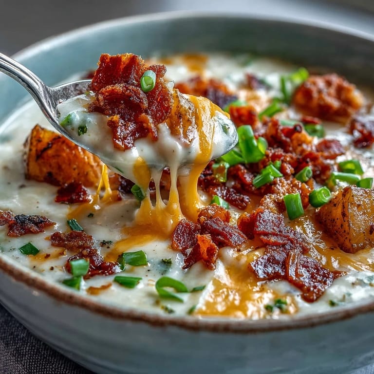 Steaming bowl of Loaded Potato Soup with crispy bacon, sharp cheddar, and sliced scallions ready to serve. 