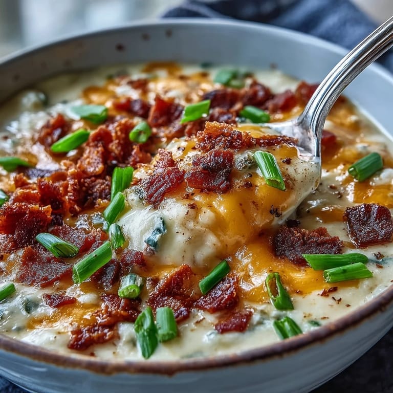 Hearty Loaded Potato Soup served with a side of crusty bread, garnished with bacon and cheese.
