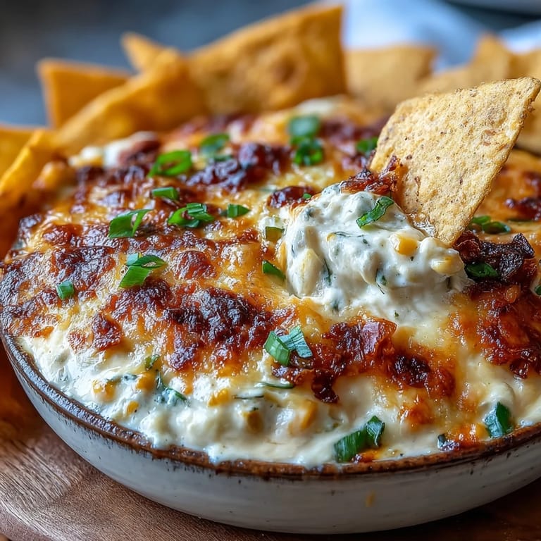 This creamy Crack Corn Dip is served warm in a bowl with crunchy tortilla chips.