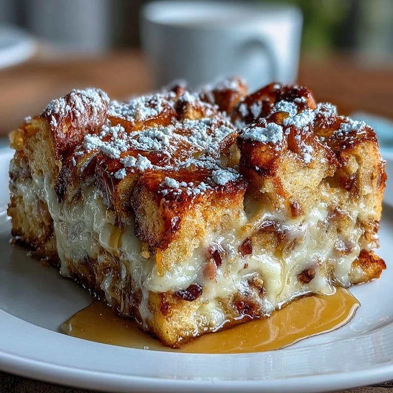A slice of Monte Cristo Breakfast Casserole reveals layers of ham, turkey, and Swiss cheese.