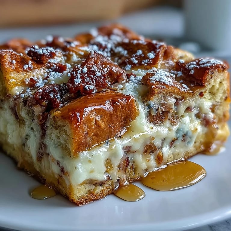 Monte Cristo Breakfast Casserole served warm on a brunch plate, garnished with fresh berries.