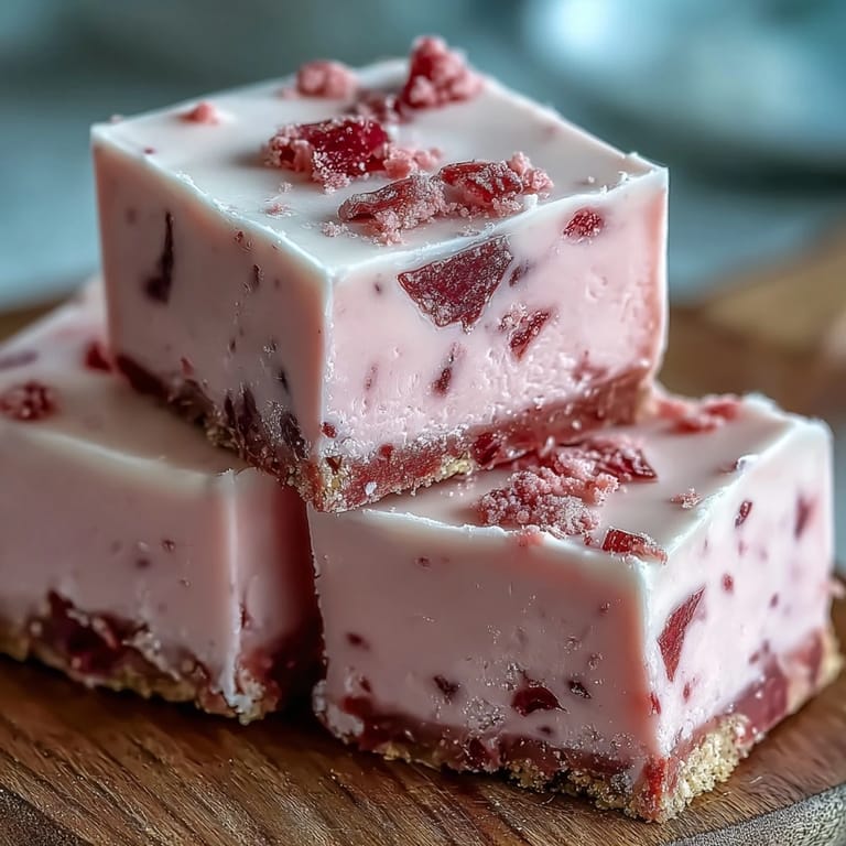 A fork breaks into a creamy white chocolate No-Bake Strawberry Fudge Square, revealing a smooth, tangy strawberry filling.