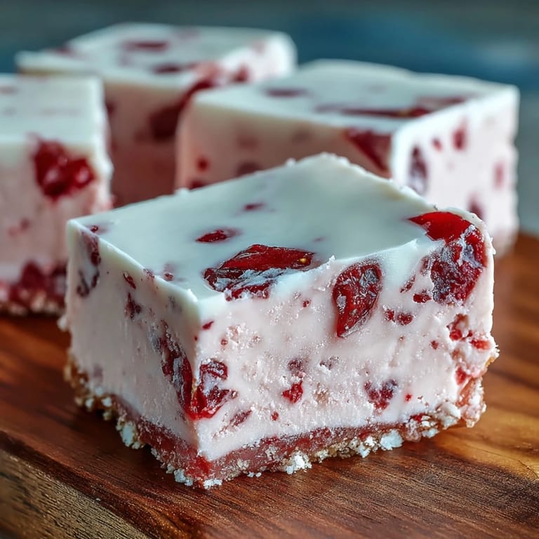 No-Bake Strawberry Fudge Squares are arranged on a rustic wooden board, ready to serve at a summer dessert party.