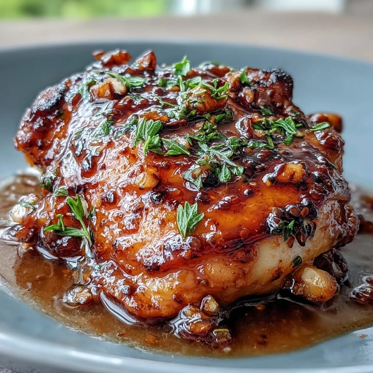 Tender chicken thighs coated in sweet and tangy honey mustard sauce, garnished with fresh thyme in a rustic bowl.
