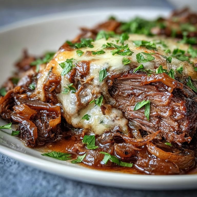 Slow cooker Savory Crock Pot French Onion Pot Roast topped with gooey cheese and fresh herbs.