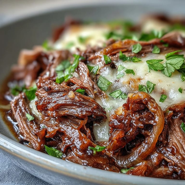 Hearty Savory Crock Pot French Onion Pot Roast served over mashed potatoes with rich, beefy jus.