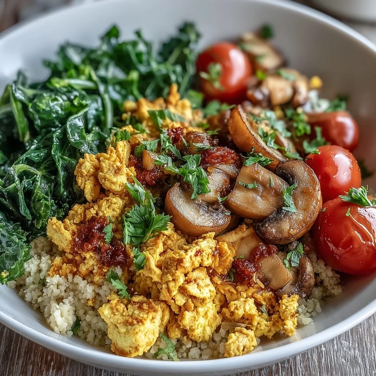 Savory Scrambled Tofu Breakfast Bowl with golden turmeric tofu, garlicky mushrooms, and wilted kale served over whole wheat couscous with lemon wedges.