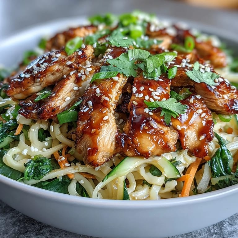 Steaming Asian Chicken Noodle Bowl features tender chicken, crisp vegetables, and rice noodles tossed in a savory-sweet sauce.