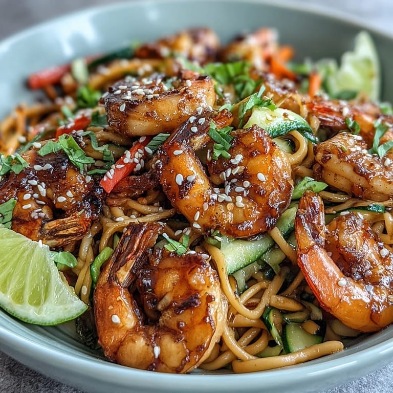Juicy grilled shrimp nestled atop a bed of sesame noodles, garnished with fresh cilantro and spring onions on a rustic wooden table.