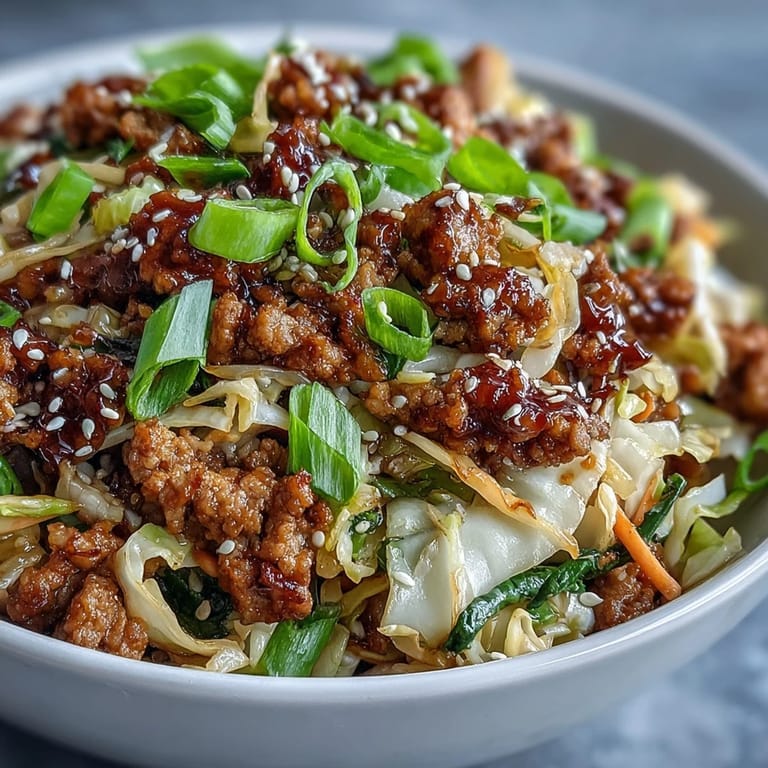 A savory serving of Egg Roll in a Bowl, featuring tender ground chicken mixed with crunchy carrots and cabbage tossed in a tangy ginger sauce.
