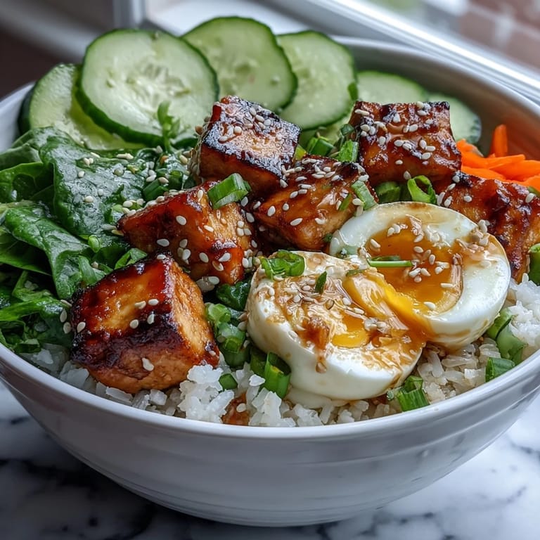 Colorful Tofu Jammy Egg Breakfast Bowl featuring crisp greens, julienned carrots, and a drizzle of ginger scallion sauce.
