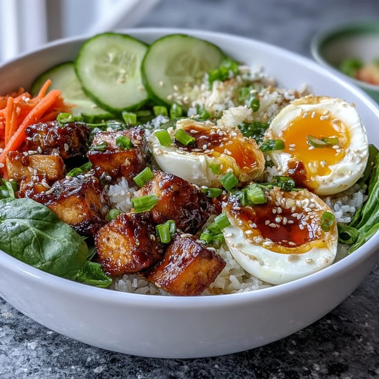 Savory Tofu Jammy Egg Breakfast Bowl topped with sesame seeds and cilantro, served with a side of ginger dressing.