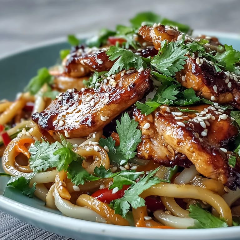 A serving of Sesame Chicken Noodle Bowl in a rustic bowl, loaded with crisp snap peas and chicken, with lime wedges and fresh cilantro on the side.
