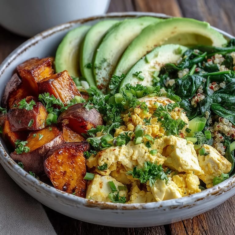 Served in a ceramic bowl with green onion garnish, this tofu scramble is perfect for mornings.
