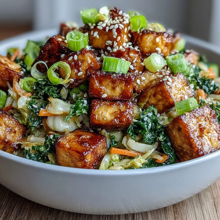 Healthy vegan Tofu Egg Roll in a Bowl served warm, featuring stir-fried kale, carrots, and spinach with a drizzle of umami sauce.