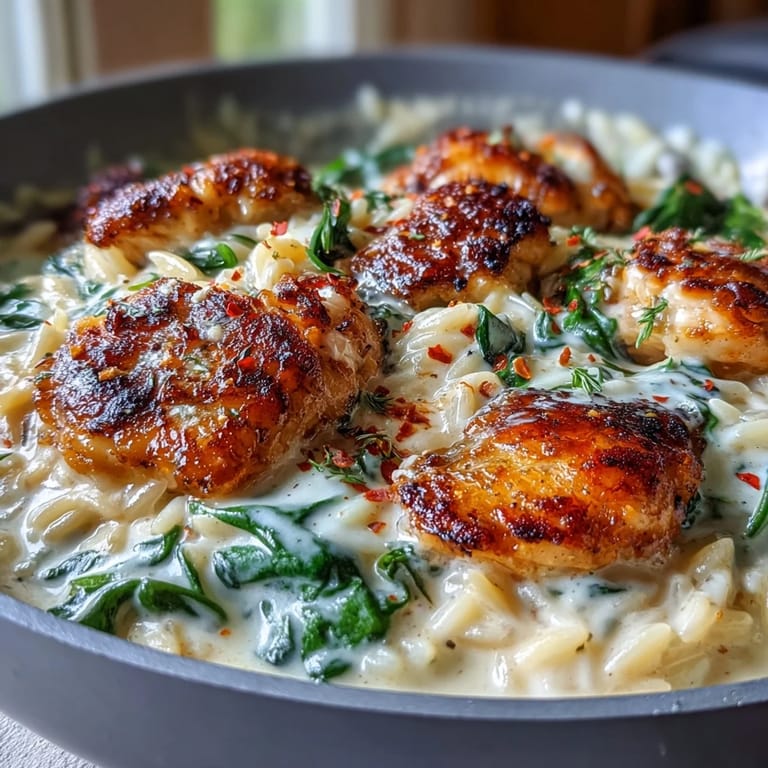Weeknight comfort in a bowl: creamy One-Pot Garlic Parmesan Chicken Orzo topped with spinach and fresh parsley.