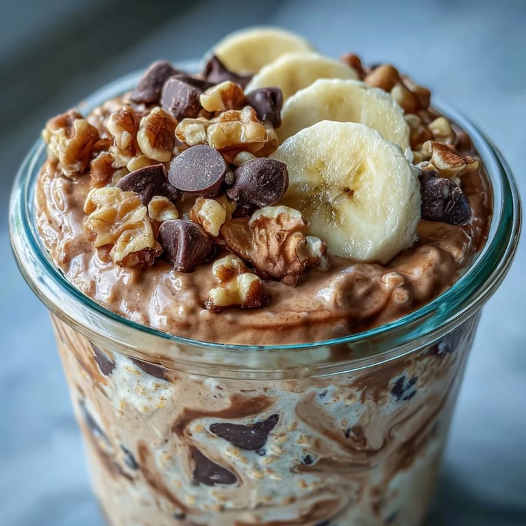 A bowl of Chunky Monkey Protein Overnight Oats with creamy texture, peanut butter swirls, and dark chocolate chips.