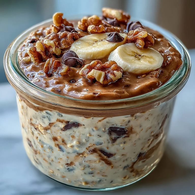 Chunky Monkey Protein Overnight Oats layered in a jar, ready to eat for a high-protein breakfast.