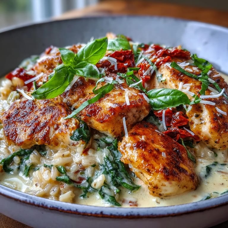 A steaming one-pan Creamy Tuscan Chicken Rice Skillet garnished with fresh basil, served alongside crusty bread for dipping.