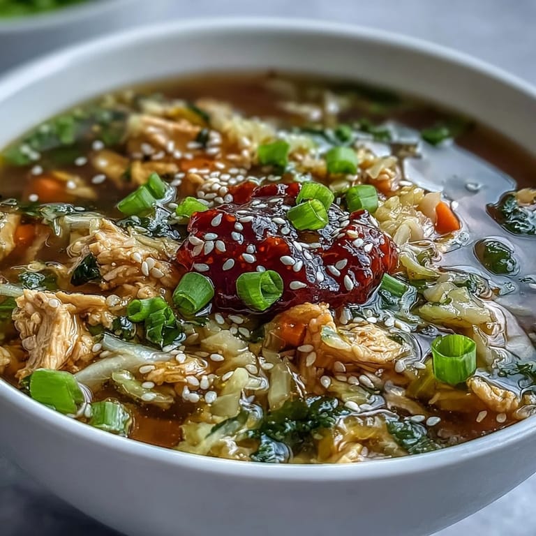 Ladle of savory Egg Roll Soup with Chicken & Cabbage, featuring tender veggies and ground meat.