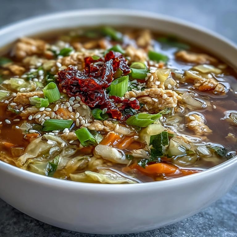 Spicy Egg Roll Soup with Chicken & Cabbage in a ceramic bowl, garnished with sesame seeds.