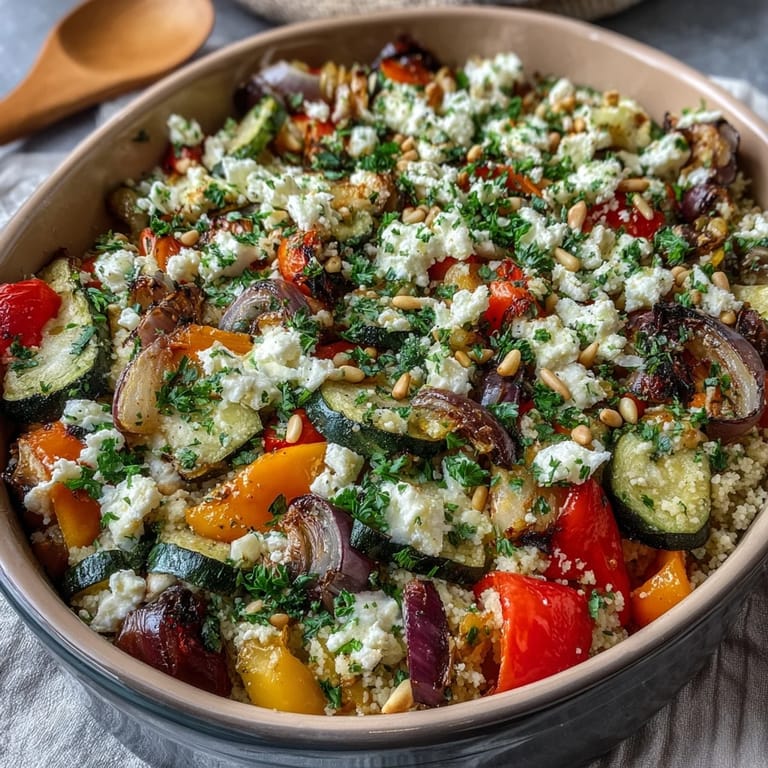 Appetizing vegetarian Roasted Veggie & Feta Couscous Bake garnished with fresh parsley, served alongside a simple green salad for a complete meal.